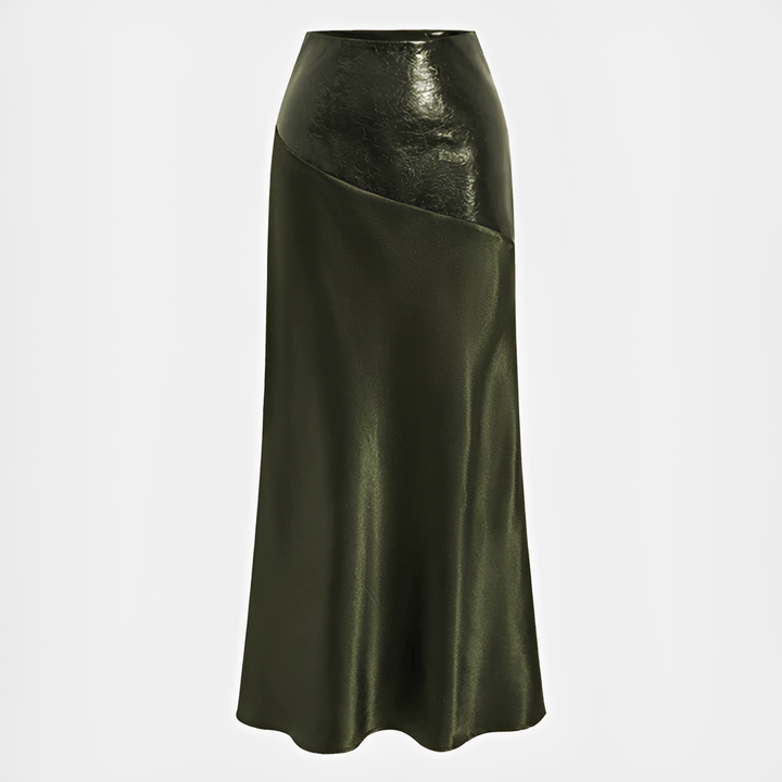 Roupa feminina: Saia Viviana elegante, com brilho sutil, assimétrica. Uma peça moderna para outono/noite.