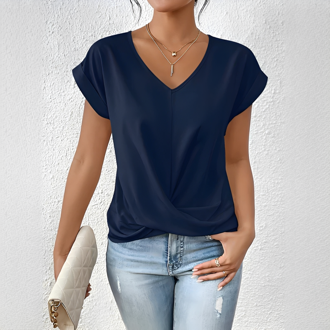 Camiseta feminina casual com decote V profundo e nó frontal, tendência para o verão.