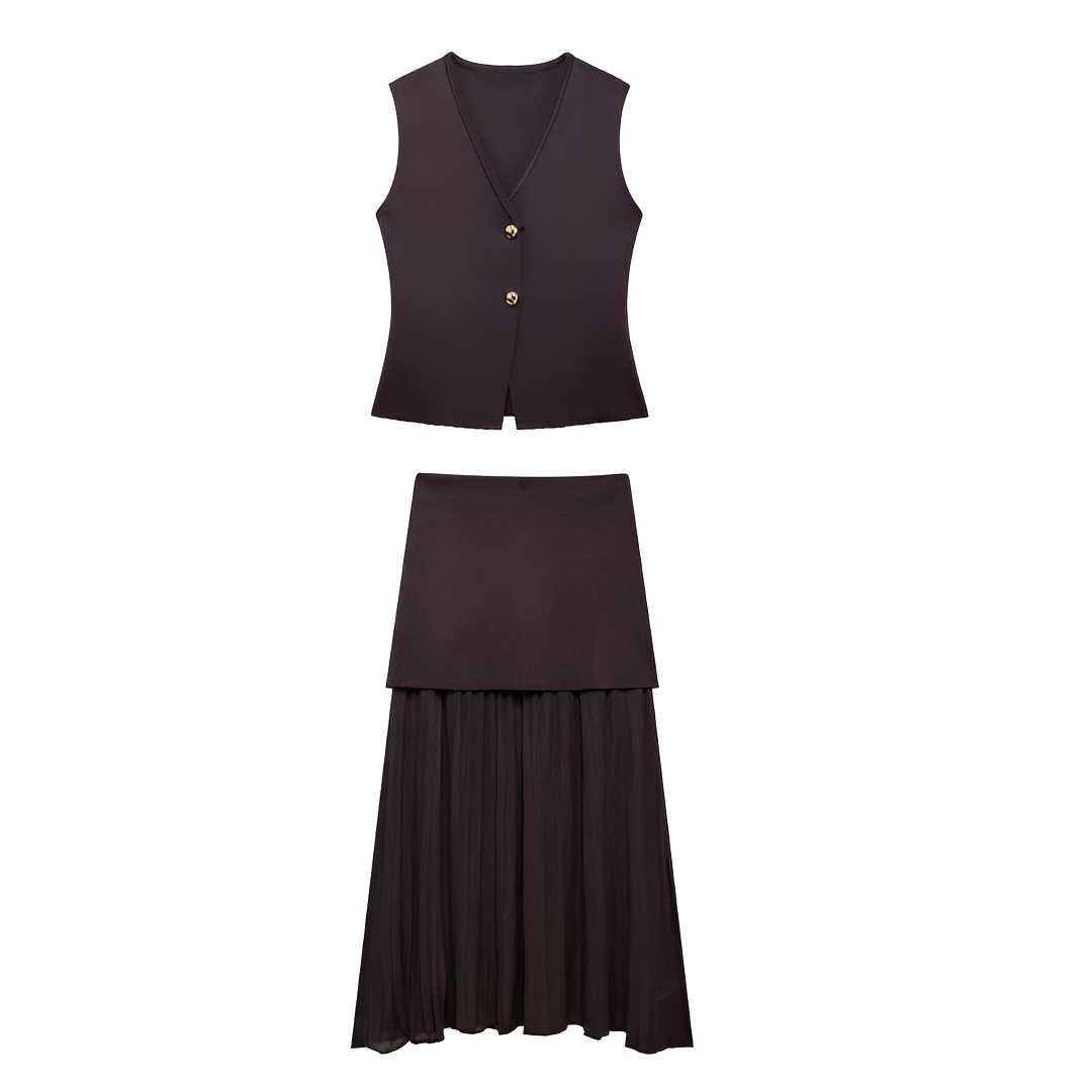 Colete e saia femininos, conjunto elegante e casual. Roupa versátil para o dia a dia, primavera, verão e office wear.