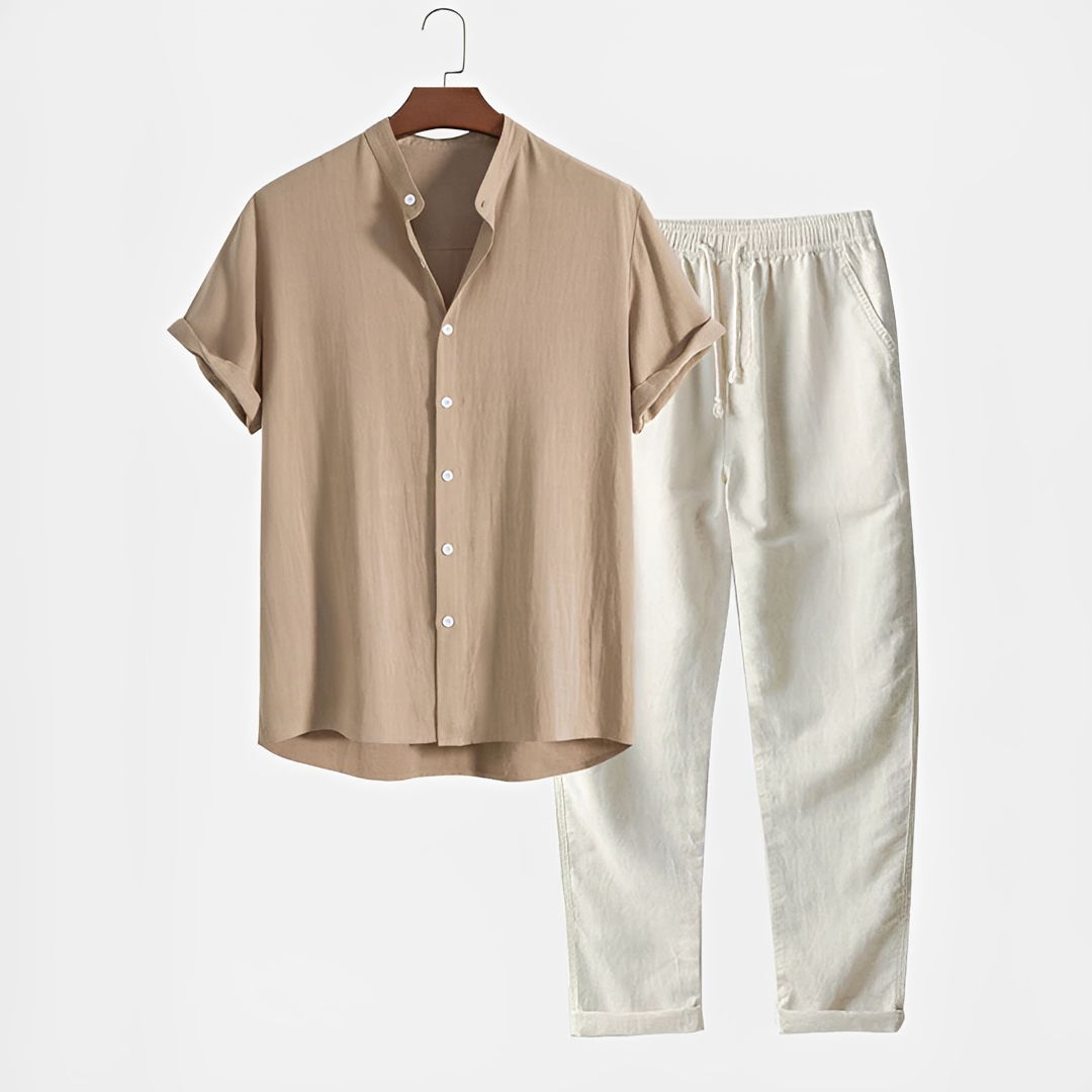 Conjunto masculino de verão leve e elegante, ideal para moda praia casual ou viagem. Calça e camisa combinando.