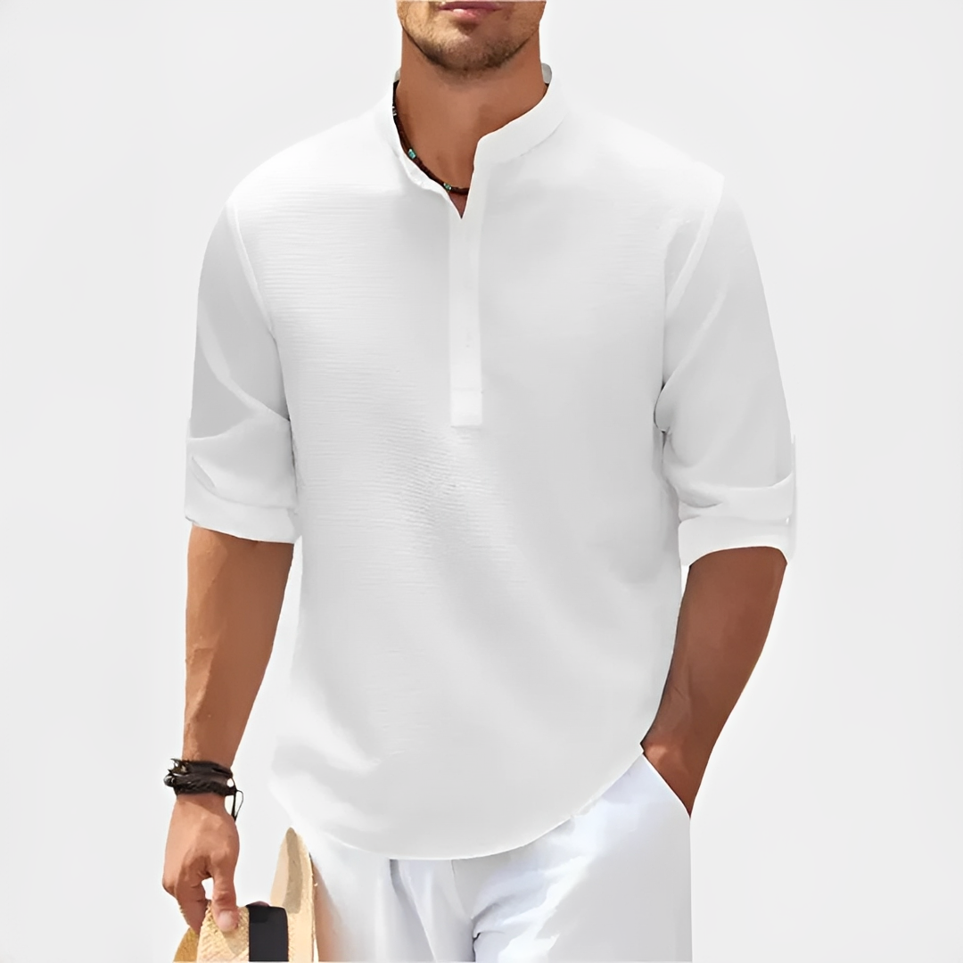 Camisa masculina slim fit de verão, mangas longas, elegante e versátil para moda casual e social.