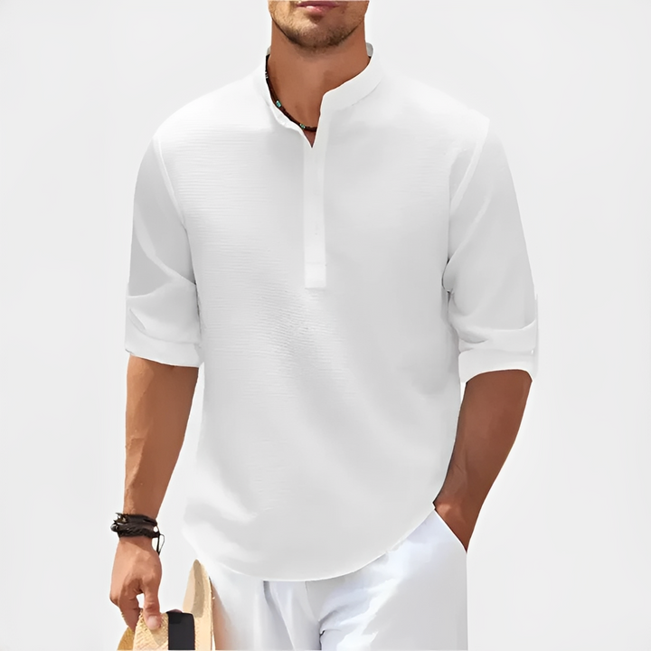 Camisa masculina slim fit de verão, mangas longas, elegante e versátil para moda casual e social.