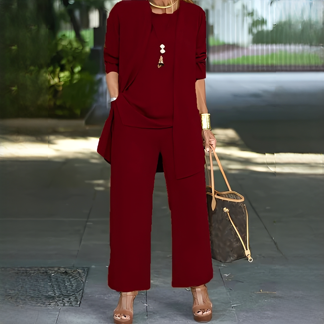 Conjunto elegante Aurella de calça, colete e blazer feminino. Roupa de trabalho versátil para mulheres.