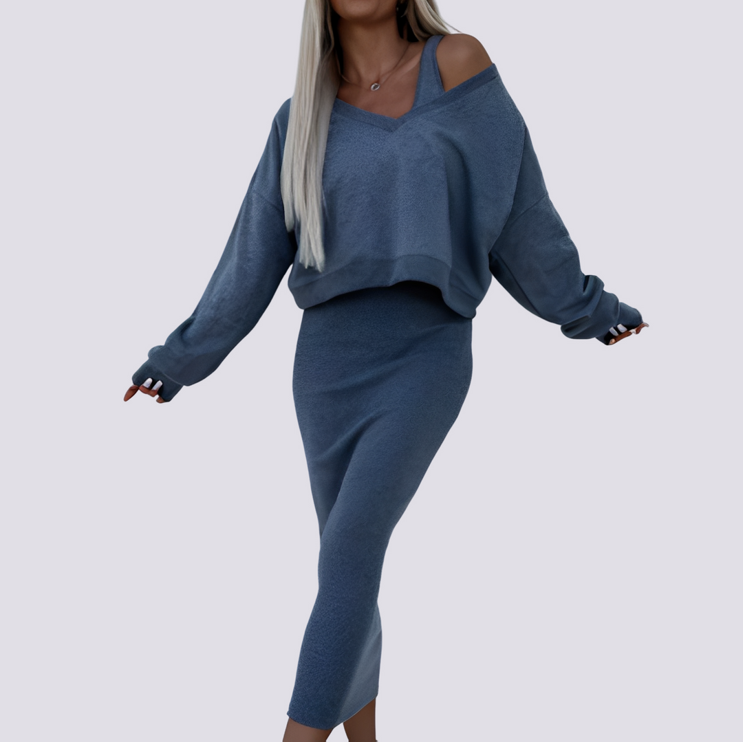 Elegante conjunto de verão feminino. Vestido duas peças com design moderno para o calor.