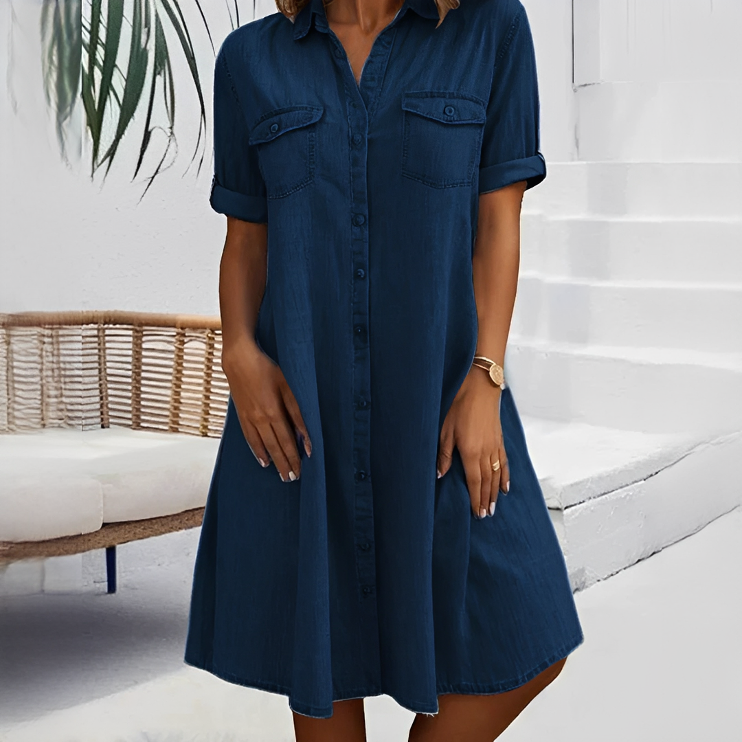 Vestido feminino casual, curto e confortável, com botões, perfeito para o verão e uso diário.