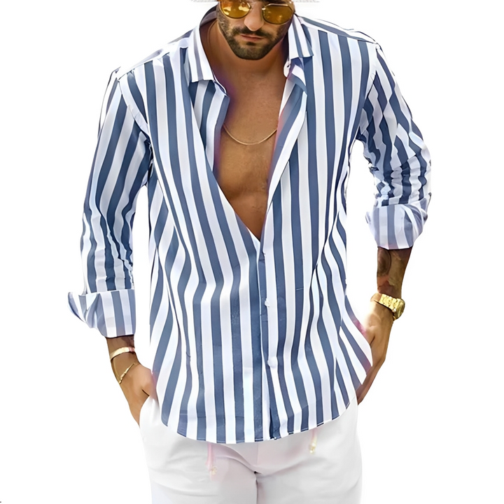Camisa masculina listrada slim fit, ideal para o verão. Estilo elegante e casual, top da moda masculina.