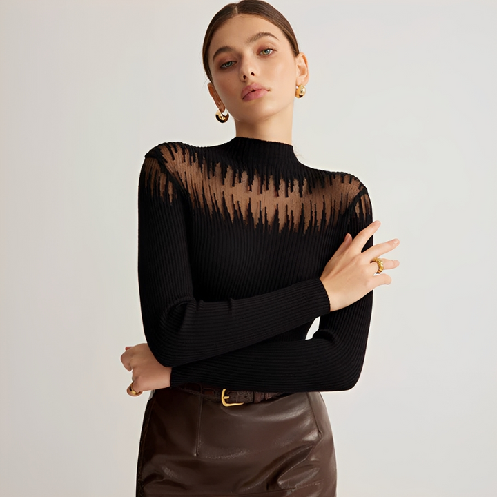 Camisa feminina elegante de manga longa com gola alta e painel transparente, ideal para outono e primavera.
