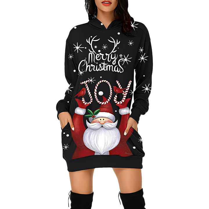 Moda de inverno: Vestido feminino de Natal com capuz e estampa festiva. Conforto casual para celebrar.