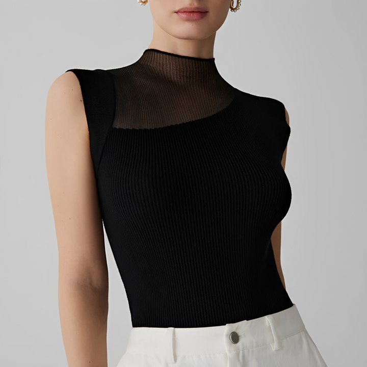 Top feminino estiloso sem mangas para verão casual. Blusa de patchwork chic, perfeita para moda praia.
