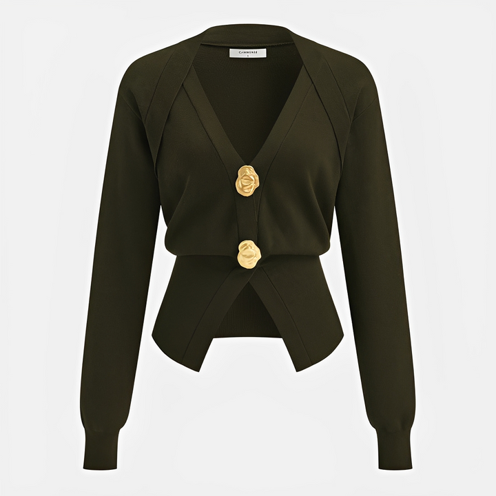 Cardigan feminino decote V para moda outono. Peça elegante com botões para sobreposição e estilo casual.