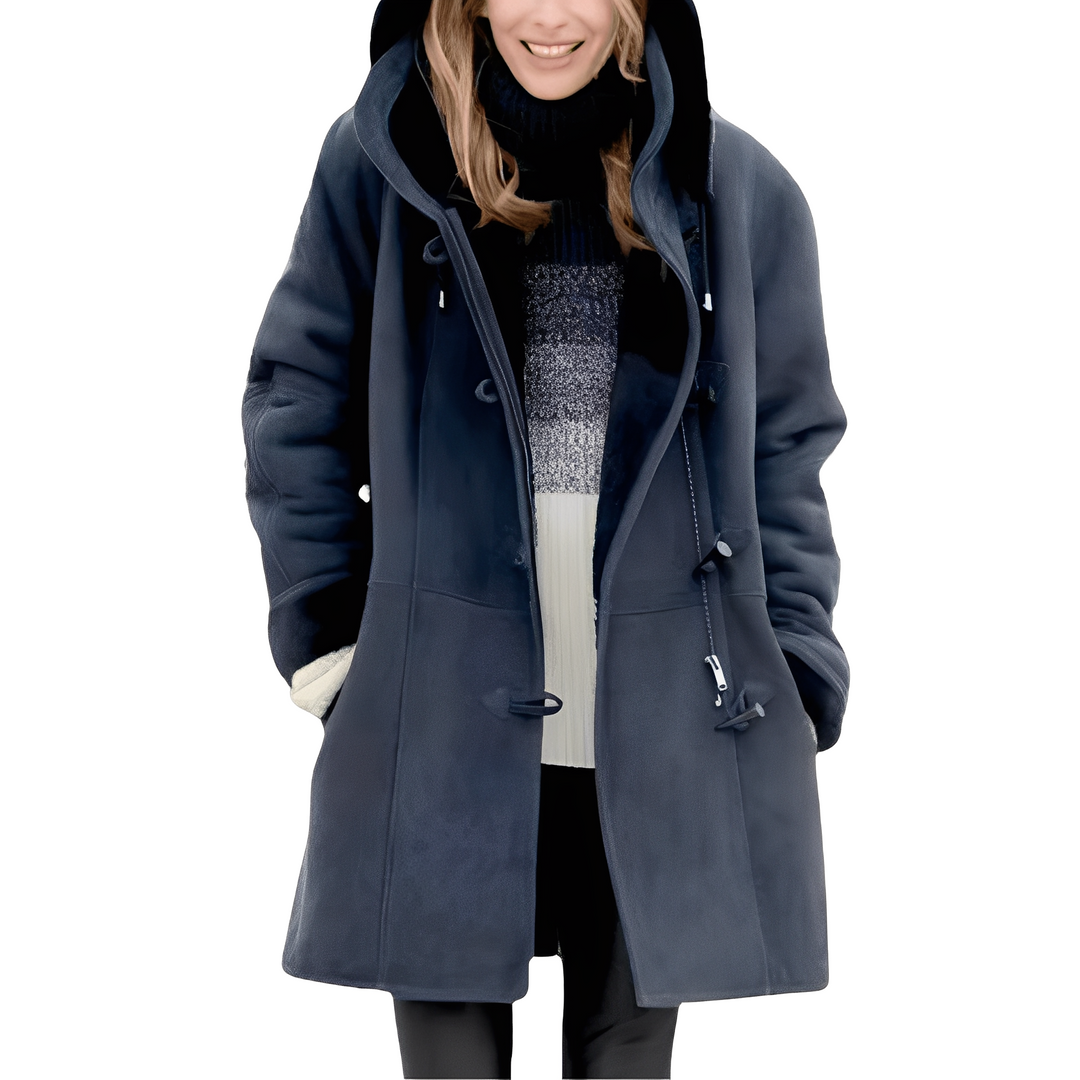 Casaco feminino casual estilo duffle com capuz. Perfeito para o inverno e agasalho elegante.