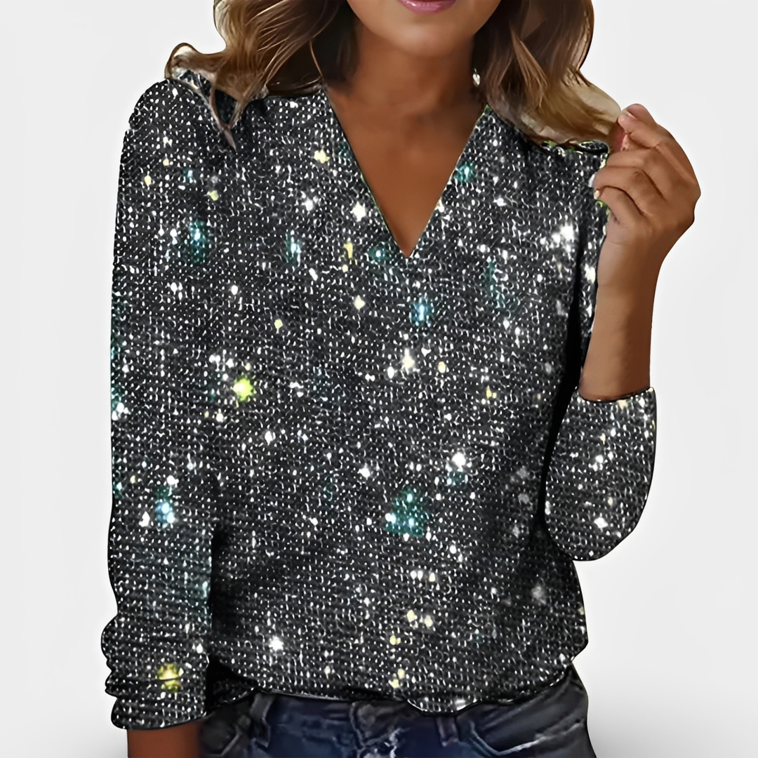 Top feminino brilhante com lantejoulas. Blusa elegante e tendência para moda feminina, ideal para festas, noites e verão.