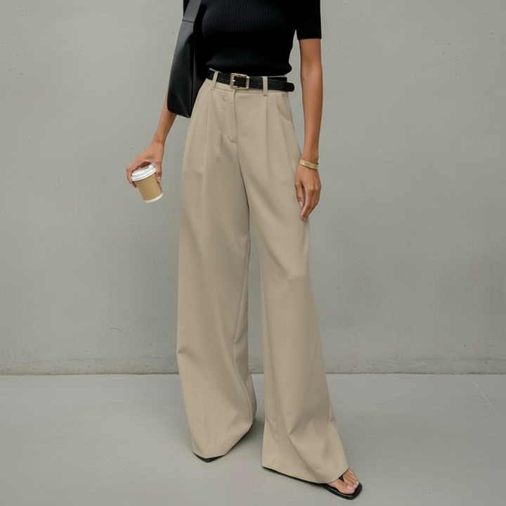 Calça feminina elegante de perna larga, corte impecável, perfeita para moda feminina e roupa de trabalho.