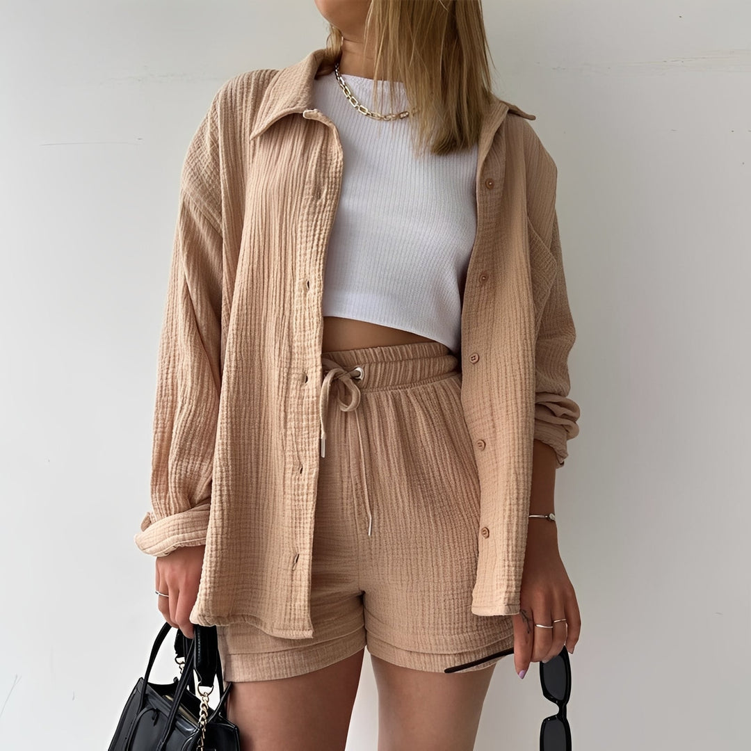 Set feminino 2 peças em cores vibrantes, com manga longa. Conforto e estilo para moda casual de verão.