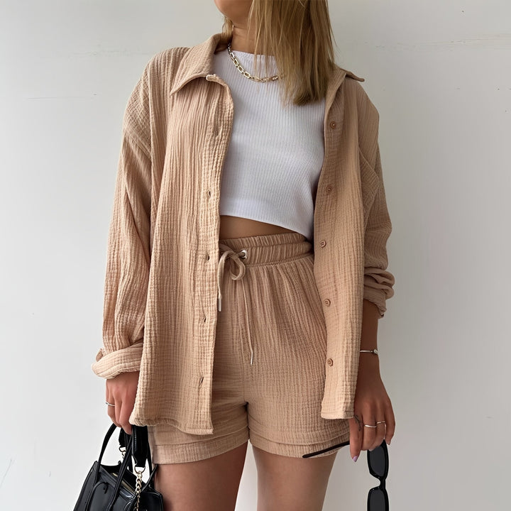 Set feminino 2 peças em cores vibrantes, com manga longa. Conforto e estilo para moda casual de verão.