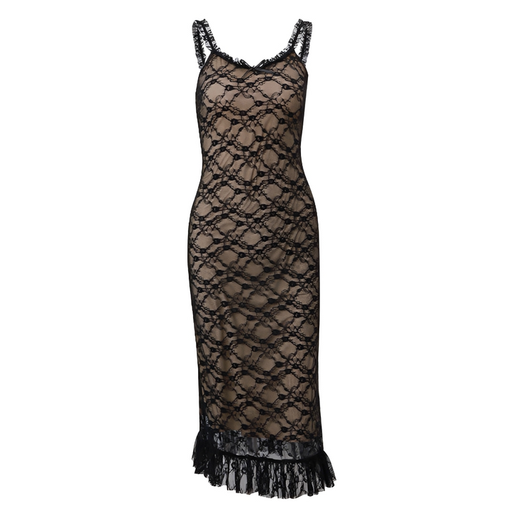 Vestido midi feminino preto chique com detalhes em renda. Look confortável e sofisticado para o dia a dia.