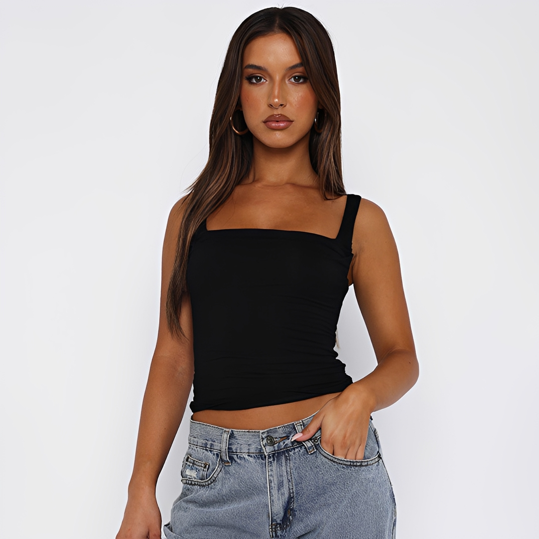 Top feminino cami sólido azul, versátil para o estilo diário. Regata casual que combina com vários looks de verão.