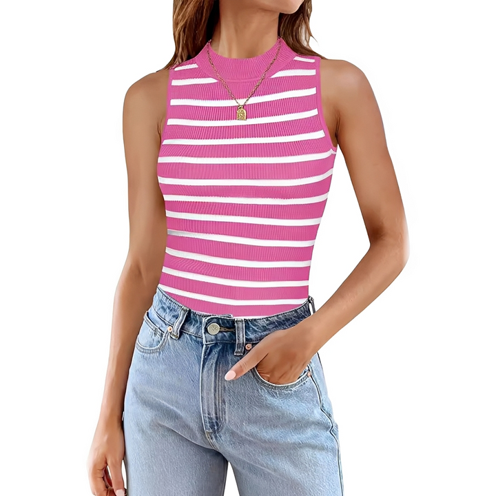 Top listrado sem mangas, confortável e chique, uma peça versátil de roupa feminina para o dia a dia no verão.