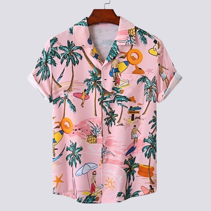 Camisa havaiana masculina para férias e praia. Estampa tropical, manga curta e tecido confortável. Estilo casual de verão.