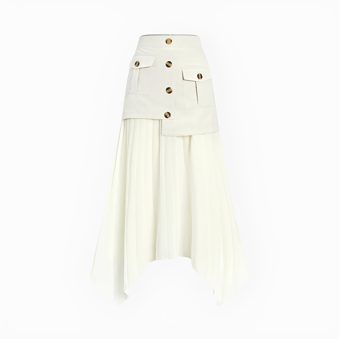 Saia feminina assimétrica plissada midi elegante. Perfeita para roupa de escritório ou casual moderno.