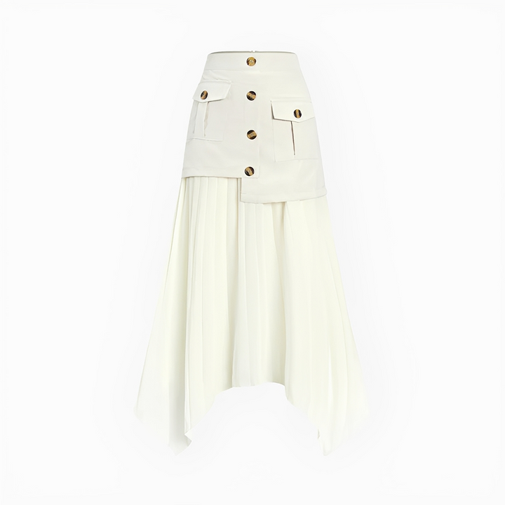 Saia feminina assimétrica plissada midi elegante. Perfeita para roupa de escritório ou casual moderno.