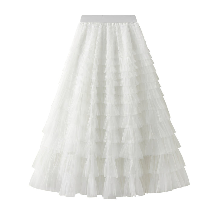 Saia feminina de verão com babados e design em linha A, ideal para looks casuais e sofisticados. Tendência moda.