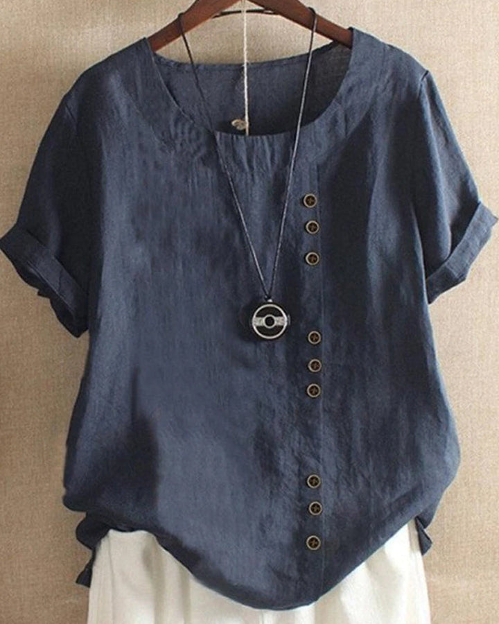 Moda feminina: Blusa de manga curta e gola redonda, versátil para todas as ocasiões de verão.