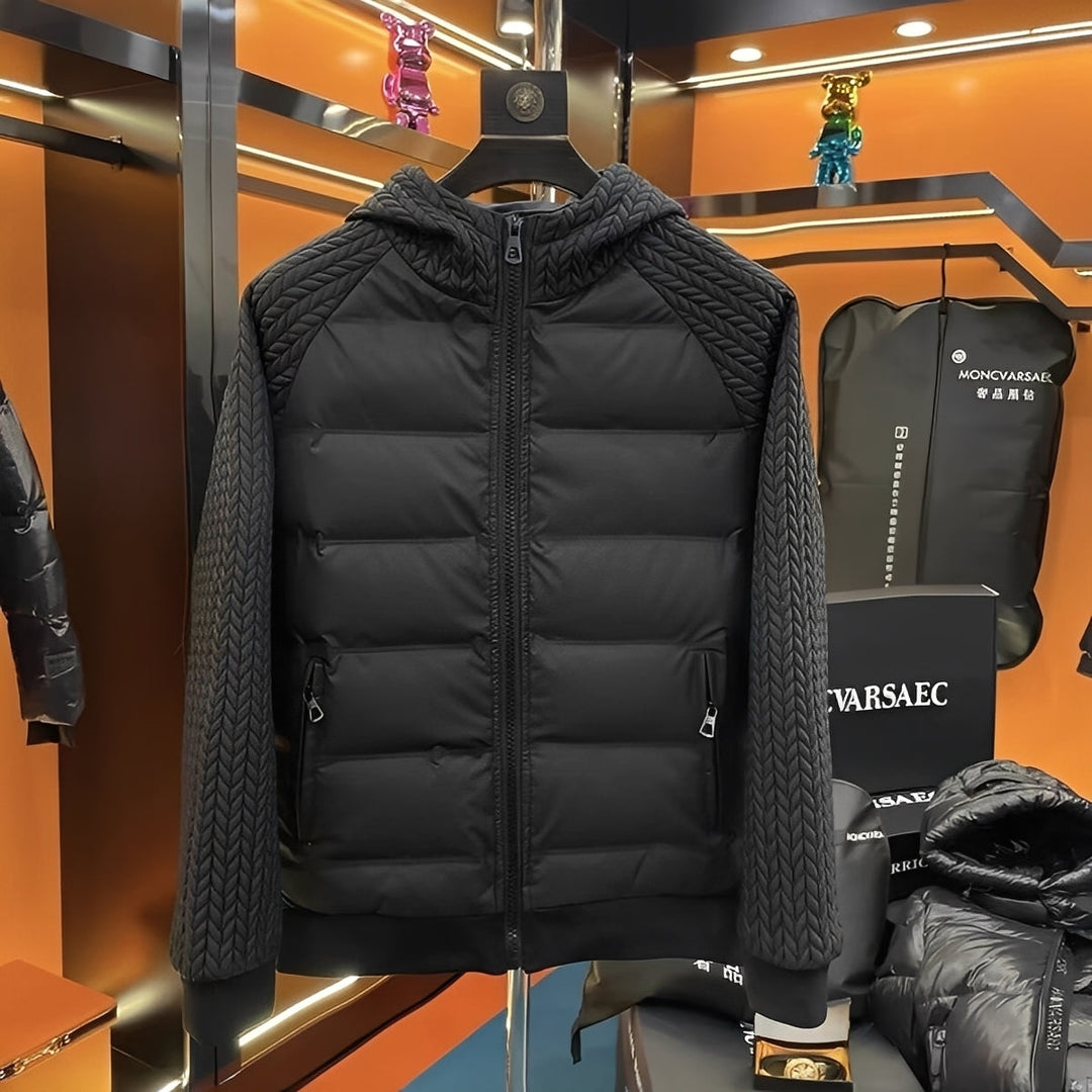 Casaco masculino acolchoado preto, estilo moderno. Agasalho perfeito para o inverno, combinando conforto e moda.