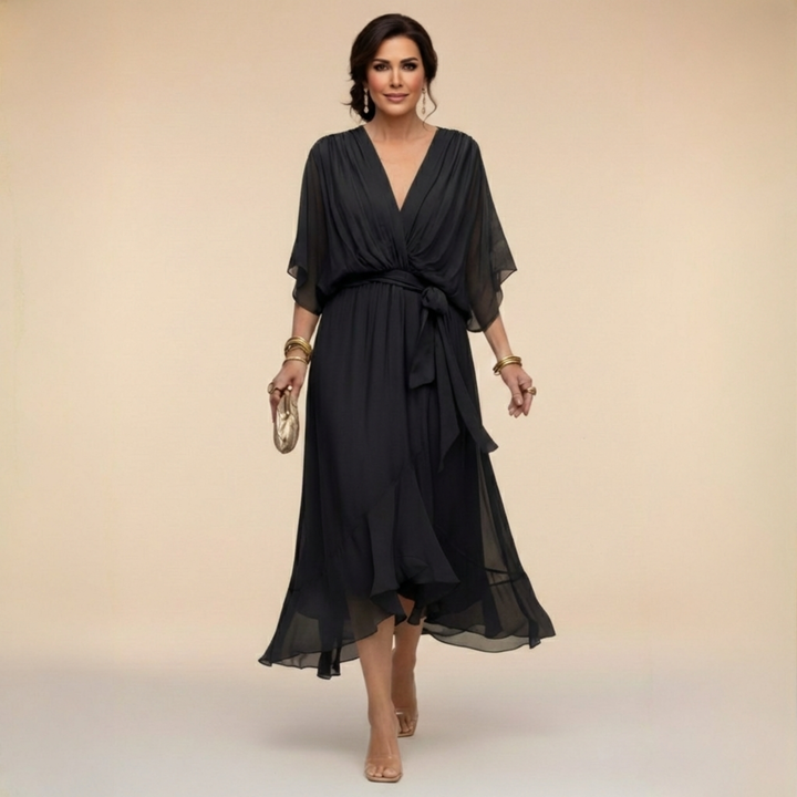 Roupa feminina: vestido elegante decote V, perfeito look casual ou festa. Estilo moderno.