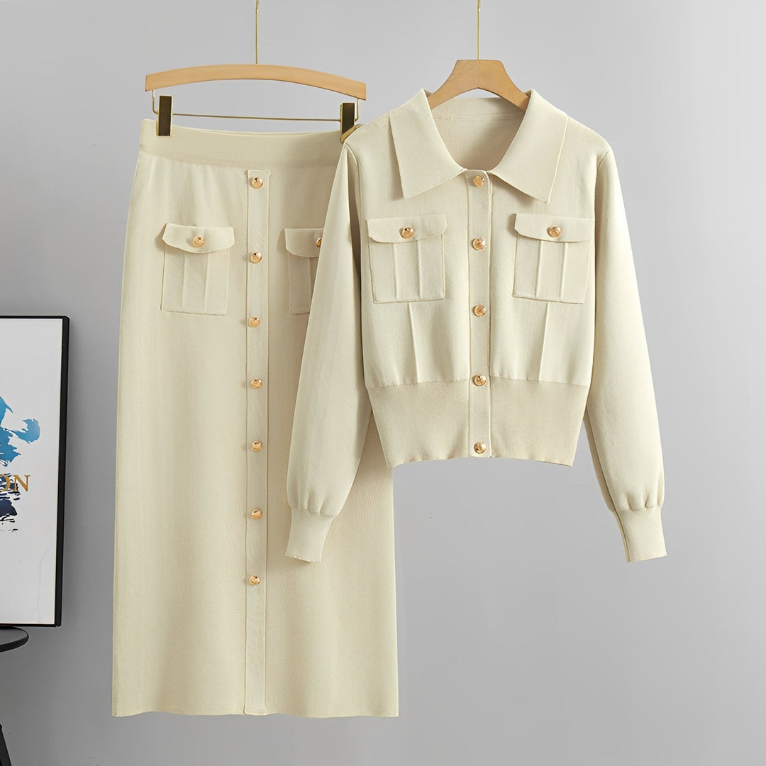 Moda feminina confortável: Conjunto saia midi e cardigã com colarinho. Estilo elegante para o dia a dia e outono.