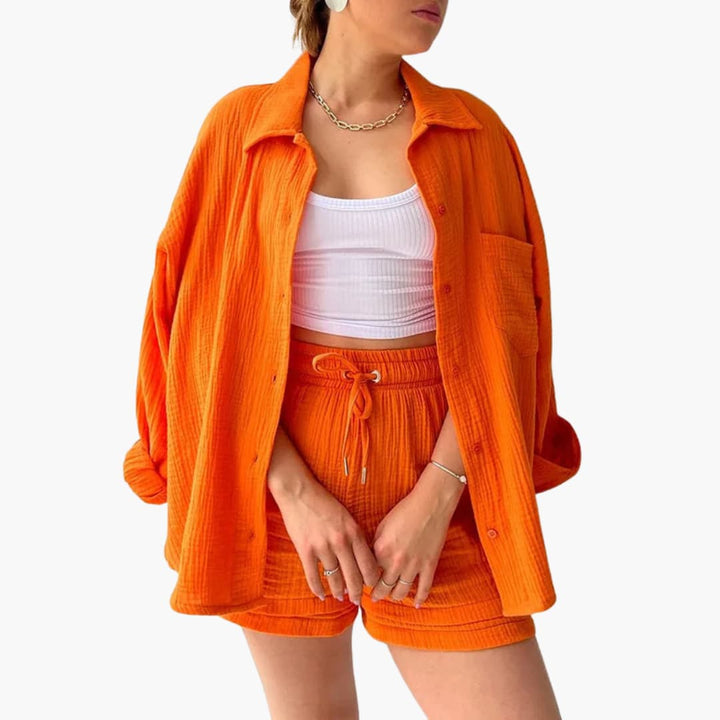 Conjunto feminino Aurélie, ideal para um visual casual chique e moderno no verão.