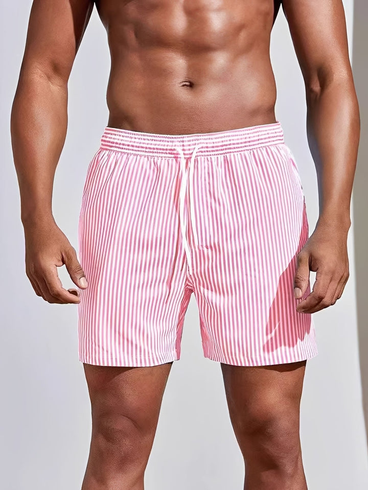 Shorts de natação listrados masculinos, secagem rápida para praia, piscina e verão com estilo.
