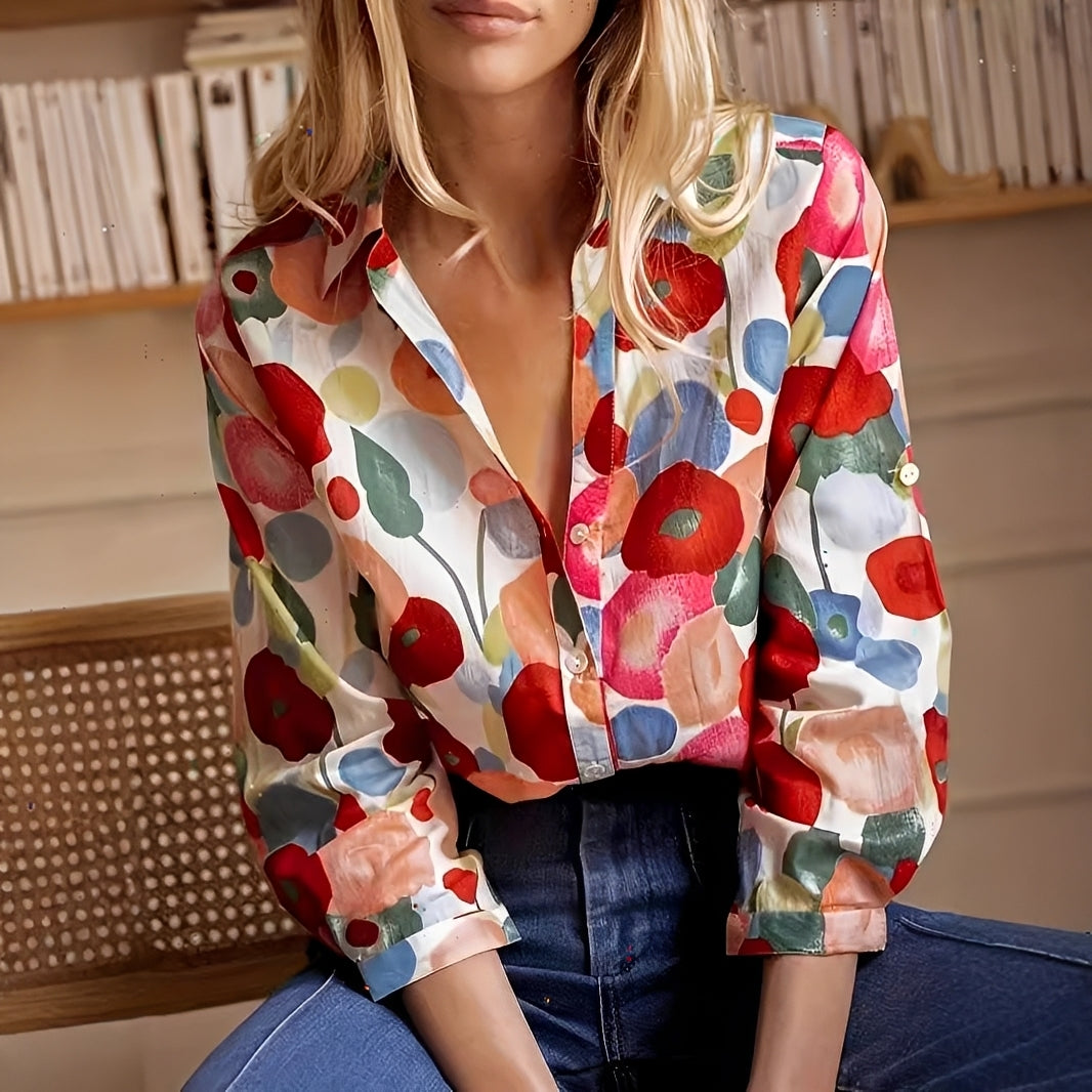 Blusa feminina floral estilosa de manga longa vermelha. Peça casual e elegante, ideal para primavera e verão.