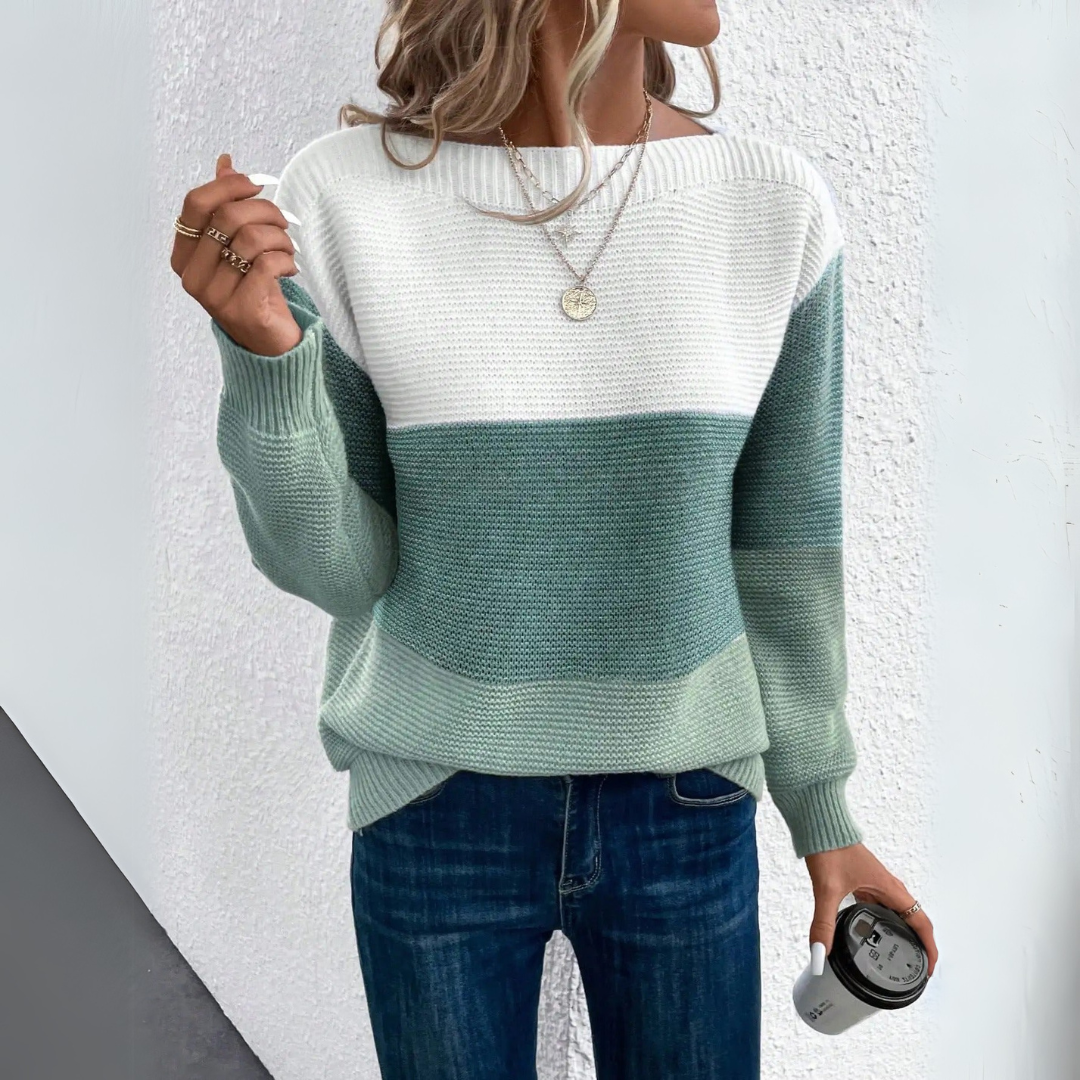 Suéter feminino tricolor elegante patchwork para inverno. Blusa de frio confortável e estilosa para a moda casual.
