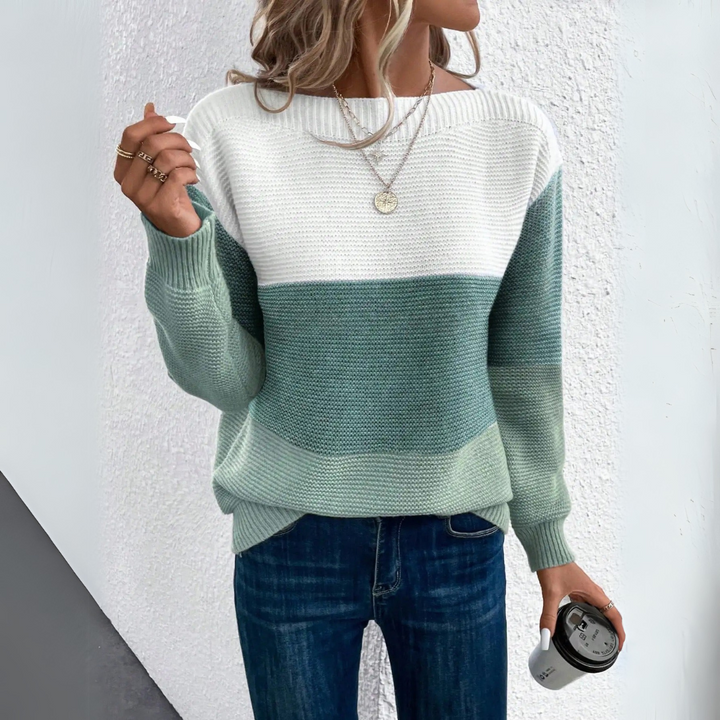 Suéter feminino tricolor elegante patchwork para inverno. Blusa de frio confortável e estilosa para a moda casual.