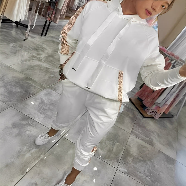 Conjunto feminino elegante de moletom e calça para conforto diário. Ideal para lazer casual de primavera/outono.
