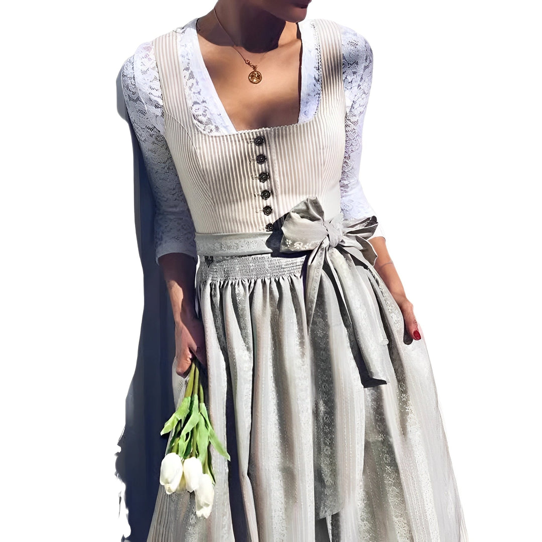 Traje típico dirndl feminino elegante, ideal para festas tradicionais e moda feminina da Oktoberfest.