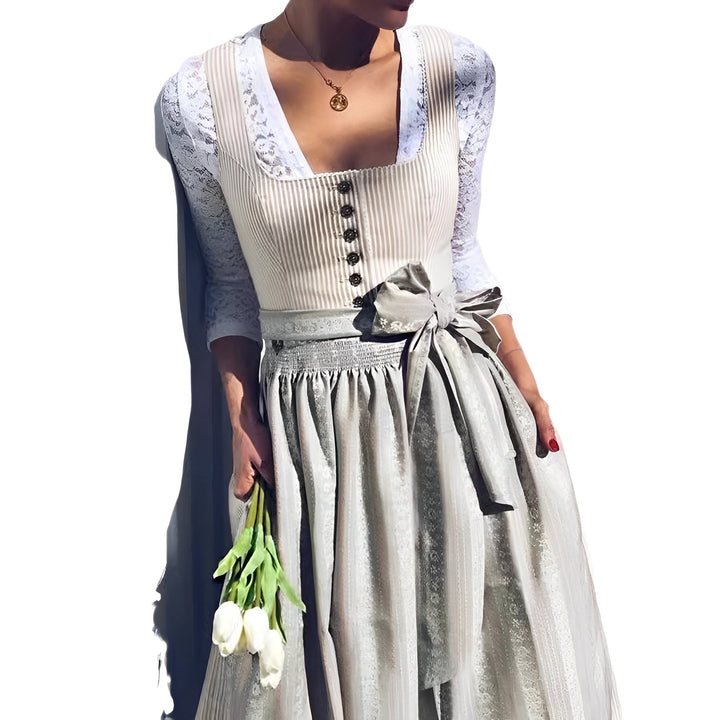 Traje típico dirndl feminino elegante, ideal para festas tradicionais e moda feminina da Oktoberfest.