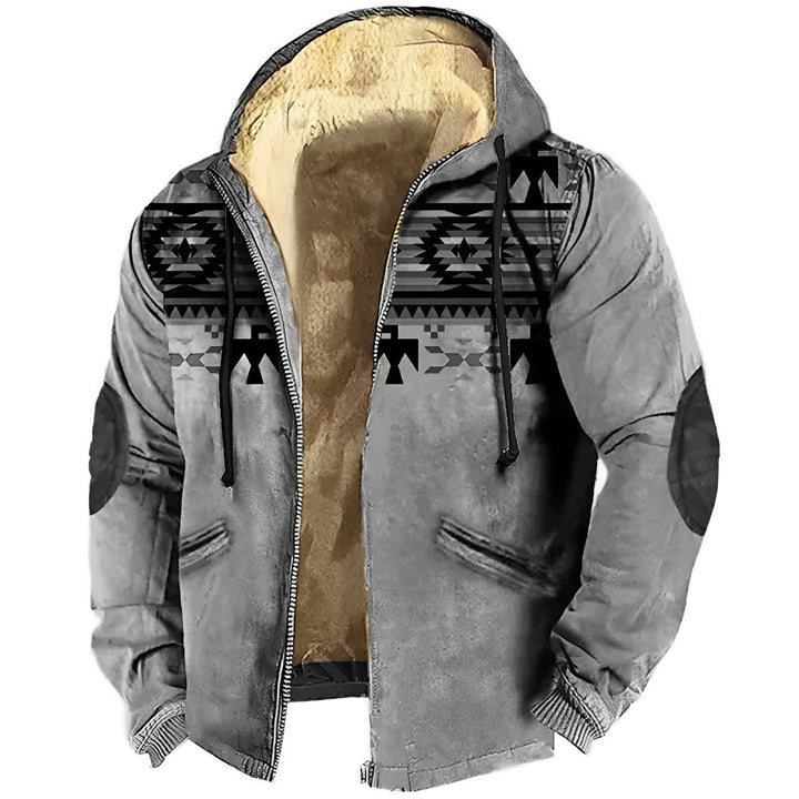 Pulôver masculino com capuz, padrão étnico e detalhes modernos. Ideal para o outono e inverno.