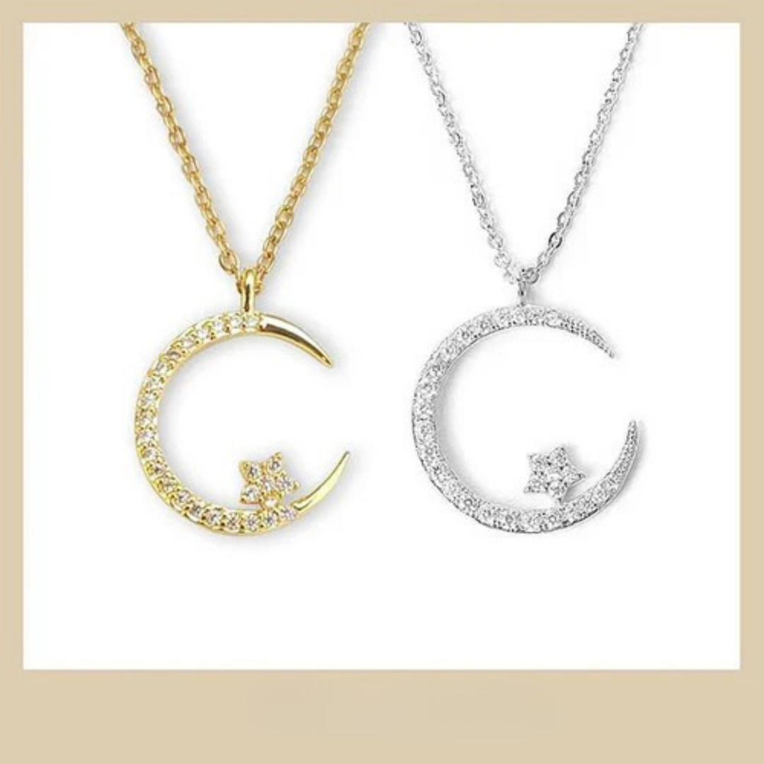 Elegante colar feminino estrela e lua, presente ideal. Acessório delicado de cobre com zircônias.