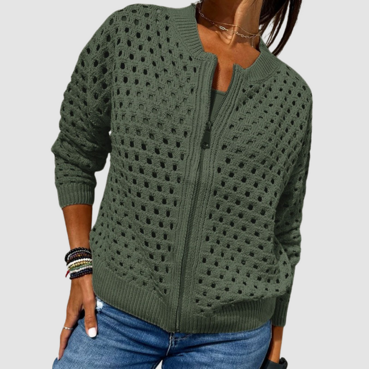Cárdigan feminino versátil com zíper, moda outono/inverno, chique e confortável.