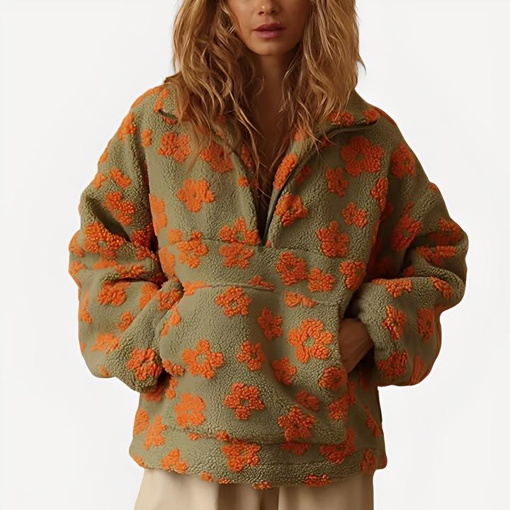 Pulôver feminino floral sherpa, estilo boho chic. Perfeito para inverno, aconchegante e com toque elegante.