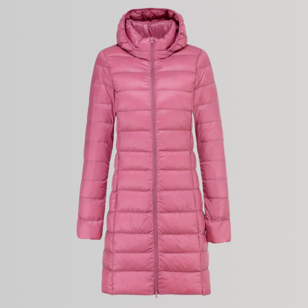Jaqueta longa feminina de outono/inverno. Casaco leve e moderno, oferece elegância e conforto para o dia a dia.
