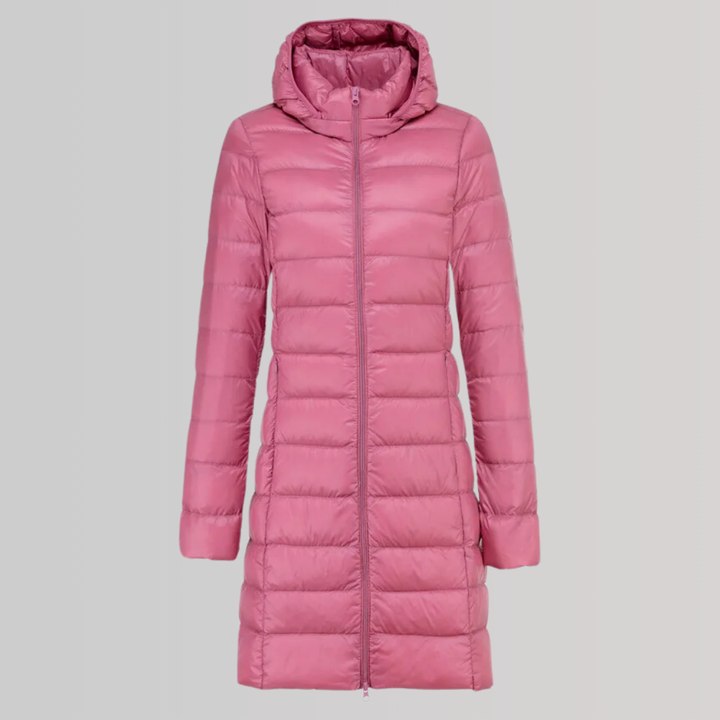 Jaqueta longa feminina de outono/inverno. Casaco leve e moderno, oferece elegância e conforto para o dia a dia.