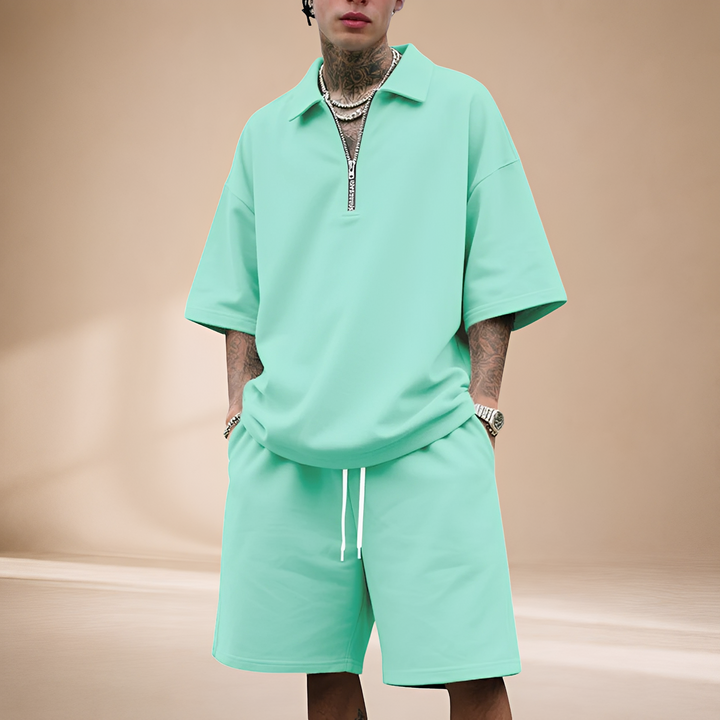 Roupa masculina de verão: conjunto solto e casual com zíper, perfeito para um estilo moderno e confortável.