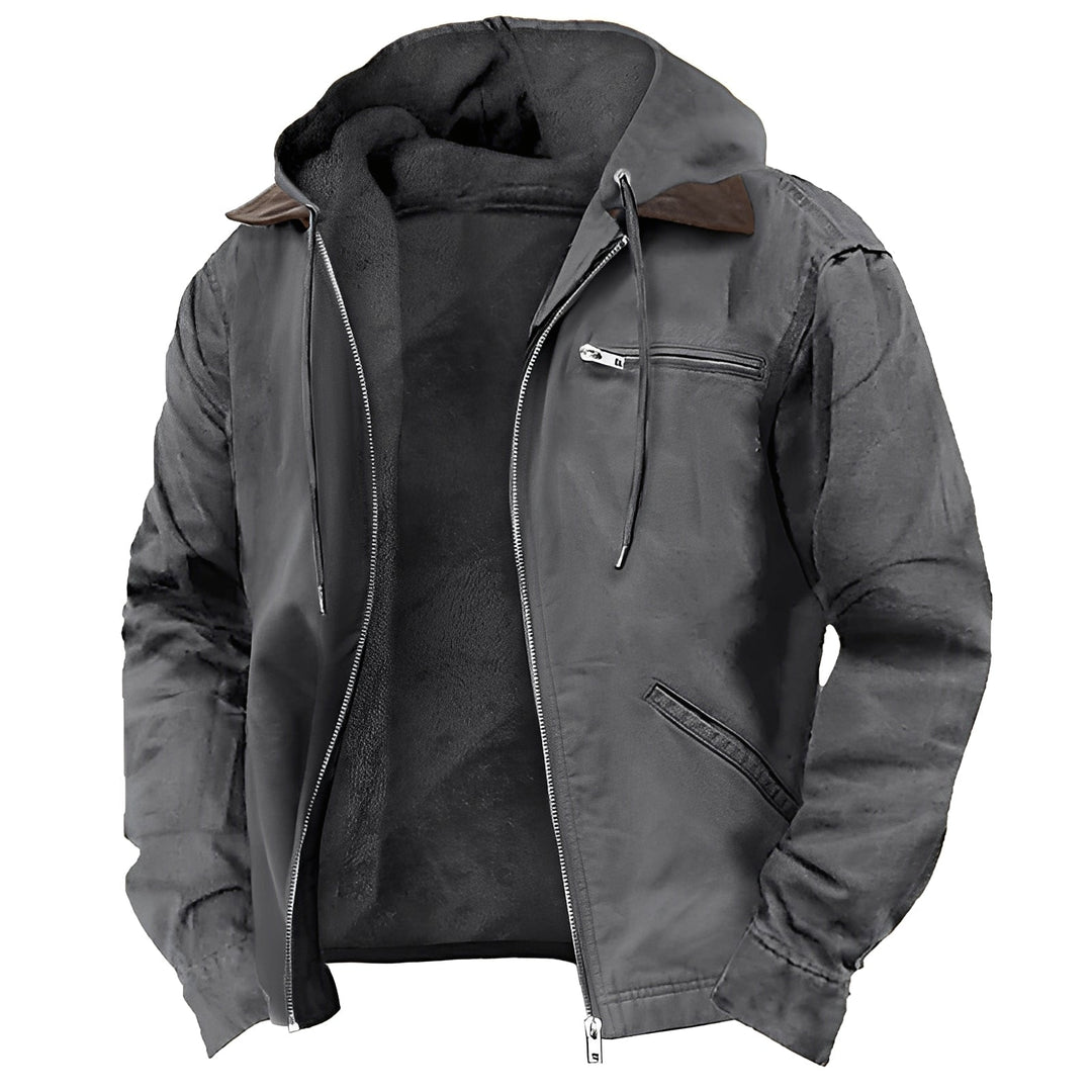 Roupa masculina de inverno: jaqueta com capuz, casaco quente e versátil para o frio, moda casual masculina.