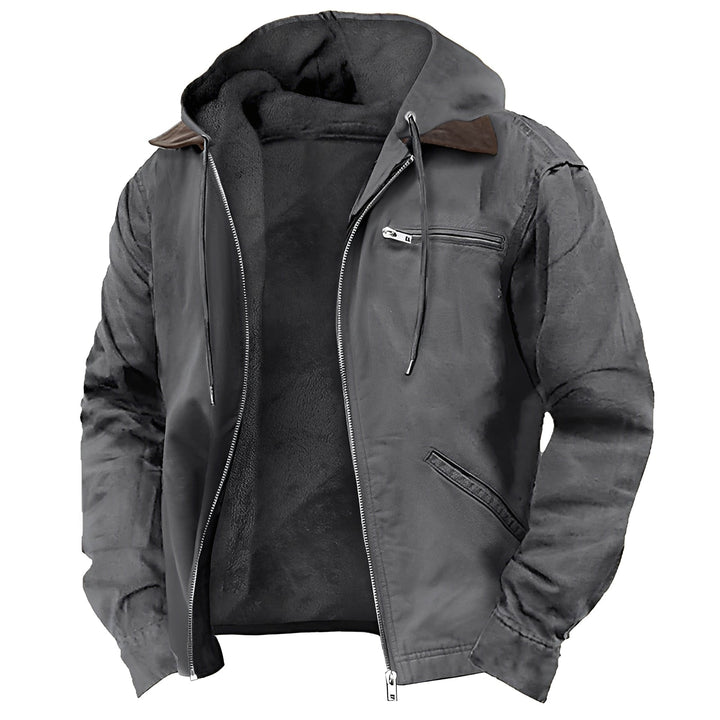 Roupa masculina de inverno: jaqueta com capuz, casaco quente e versátil para o frio, moda casual masculina.
