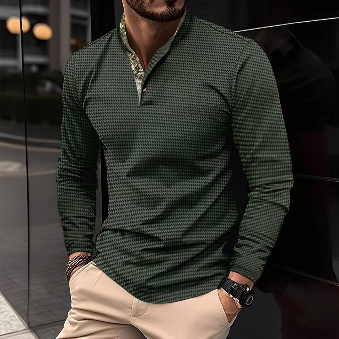 Moda masculina: camisa polo manga longa waffle. Estilo elegante e conforto para outono e inverno.