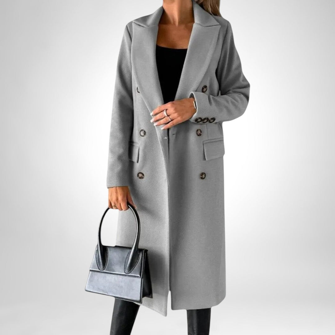 Casaco feminino longo, elegante e casual chique, com botões duplos, para diversas ocasiões.