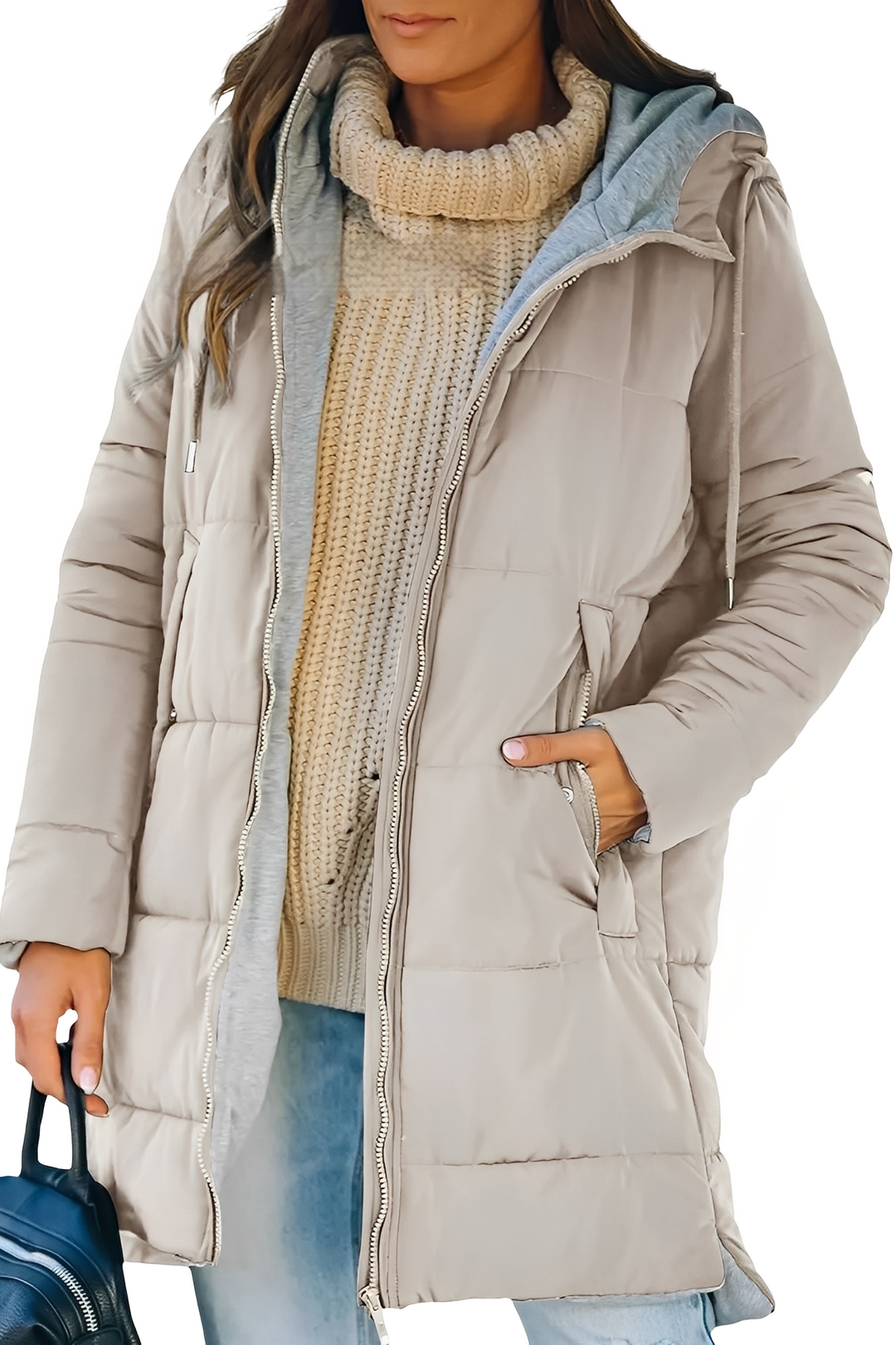 Jaqueta feminina acolchoada elegante com capuz, essencial para o inverno e dias frios. Perfeita para moda.